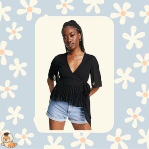 ASOS DESIGN Dobby Wrap Short Sleeve Blouse With Pleated Peplum Hem, Sz 6